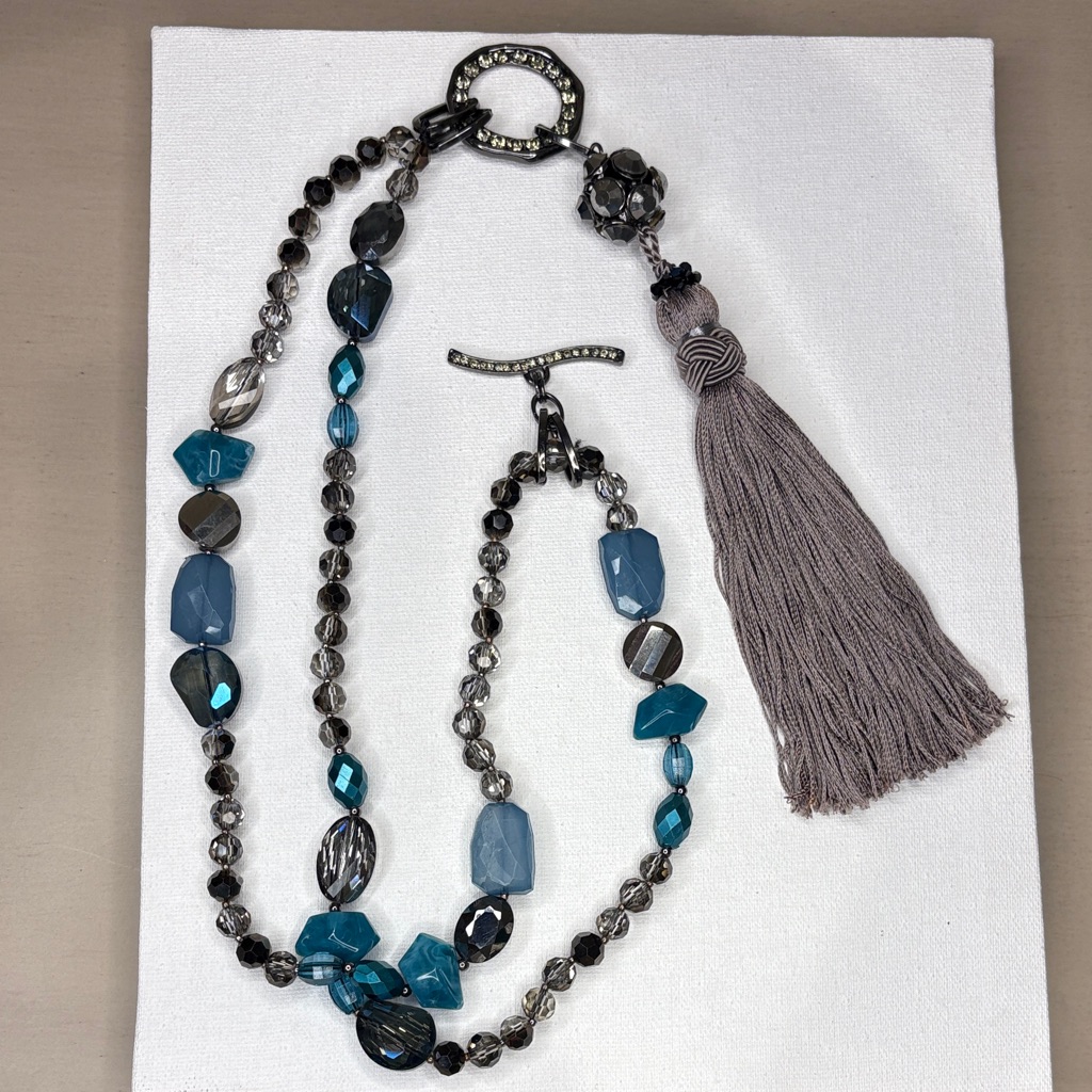 Chico’s Beaded Long Toggle Necklace With Tassel Teal & Gray 35”+ 6” Tassel